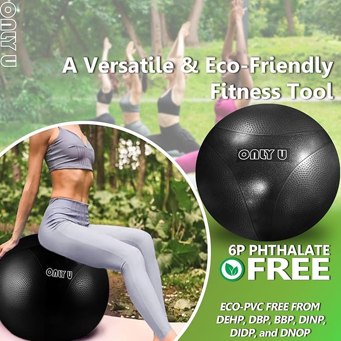 only U Premium Yoga Ball, Exercise Ball, Fitness, Balance and Stability Ball, 65cm Size, Eco-Friendly PVC, Anti Burst, Inflatable, Heavy-Duty Exercise Ball, Black, Hand Air Pump Included, Brand