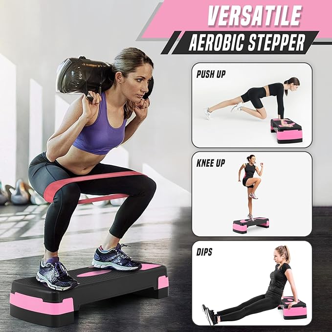 31" Aerobic Exercise Step Platform, Step Up Exercise Platform with 4" 6" 8" Adjustable Risers, Stair Stepper Workout Stepper for Home Gym Strength Training Fitness Equipment