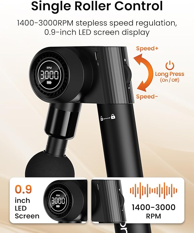 NAPRE Foldable Massage Gun with Extension Handle & 5 Adjustable Angles,Deep Tissue Back Massage for Neck/Body Pain Relief,Handheld Percussion Muscle Massager,32 Speeds,6 Heads & Silent,with Case
