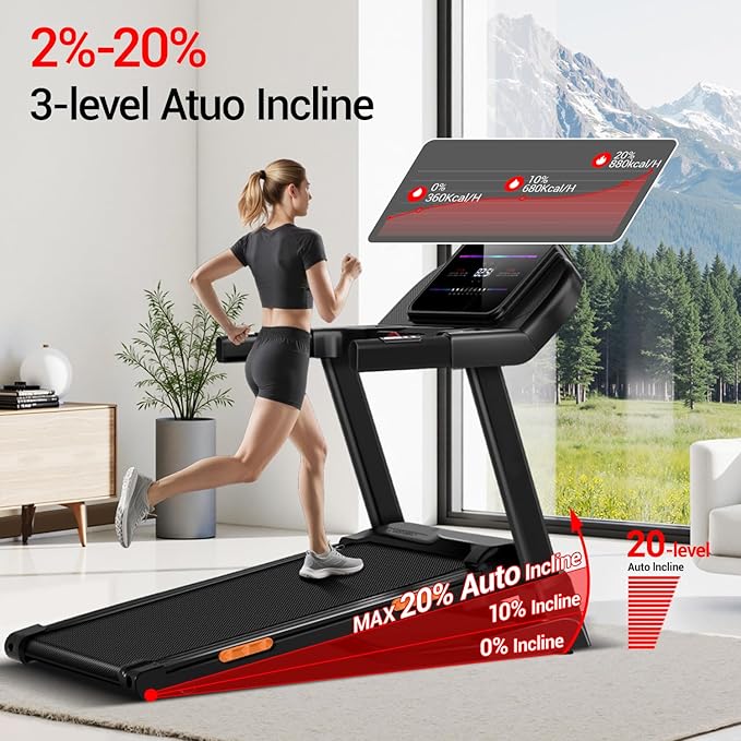UMAY Fitness 2%-20% Auto Incline Foldable Treadmill, 4.0HP,400lb Capacity Handle Running Treadmills for Home 8.0MPH Max Speed Running Machine with Pulse Sensors