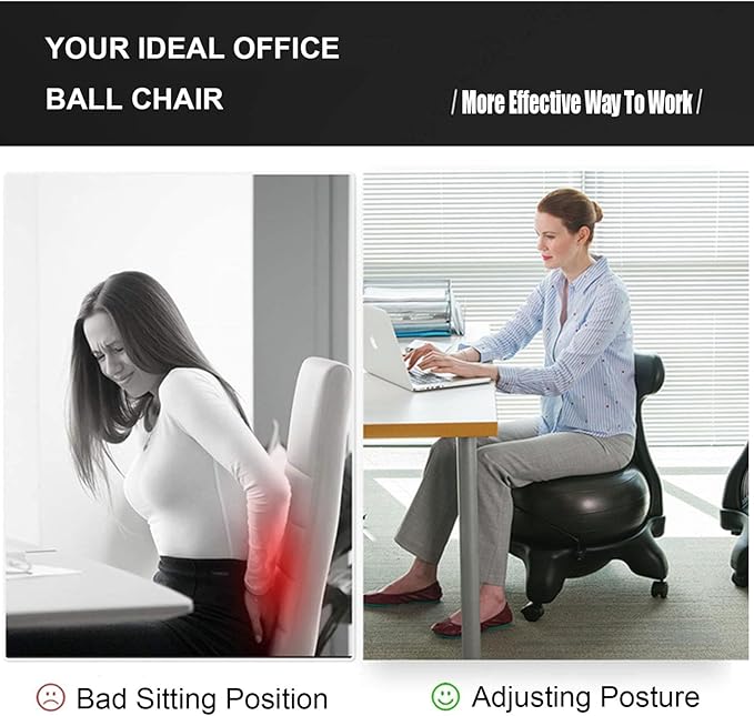 Balance Ball Chair for Adults Office, Yoga Ball Desk Chair Exercise Ball Chair with Wheels and Back Support