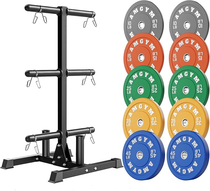 Weight Plate Tree Rack & Weight Set, Strength Training Plate Storage Stand and Barbell Holders for Home Gym, 1100 lb Weight Capacity, Fits Both 1" and 2" Bumper Plates