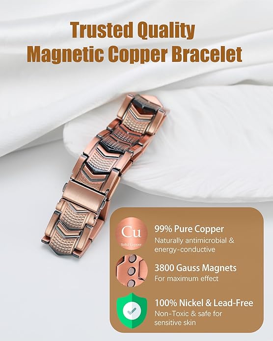 3X Strength Magnetic Copper Bracelet for Men - 99.9% Pure Copper Bracelet & Ring Set - Premium Fold-Over Clasp and Adjustable Length Sizing Tool & Jewelry Box