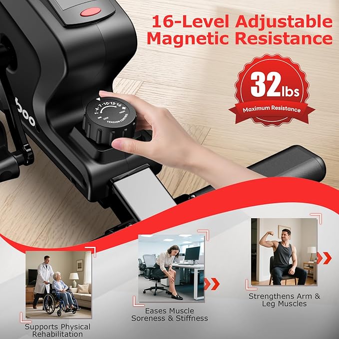 pooboo Under Desk Bike Pedal Exerciser, Quiet Magnetic Mini Exercise Bike with 16 Resistance Levels, Arm & Leg Workout, Resistance Bands & Non-Slip Mat for Home Office Therapy