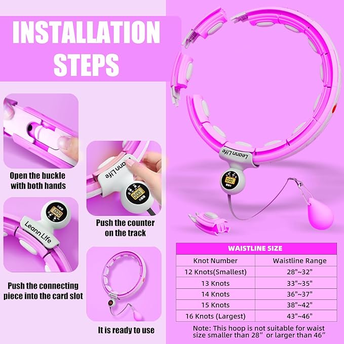 U5 Smart Weighted Hula Hoop with Counter – 16 Knots, 28"–46" Adjustable Infinity Hoop Plus Size, Quiet Rubberized Wheels, Ab Workout, Home & Outdoor Fitness, Weight Loss, Abdominal Toner