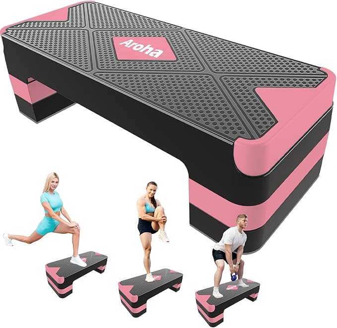 Adjustable Aerobic Exercise Step- Workout Step Platform, 26.5" Step Deck with 4", 6", 8" Height Risers, Women's Home Gym Fitness