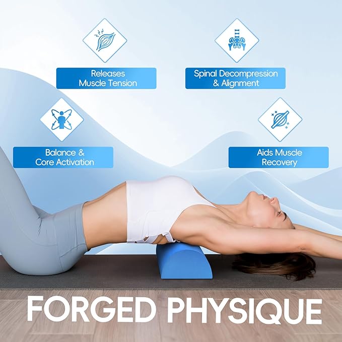 High-Density EVA Half Foam Roller, Firm Full Body Muscle Massager Stick for Athletes, Gym, Yoga, 15.7" × 5.9" × 2.7" Core & Balance Exercise 1/2 Foam Roller