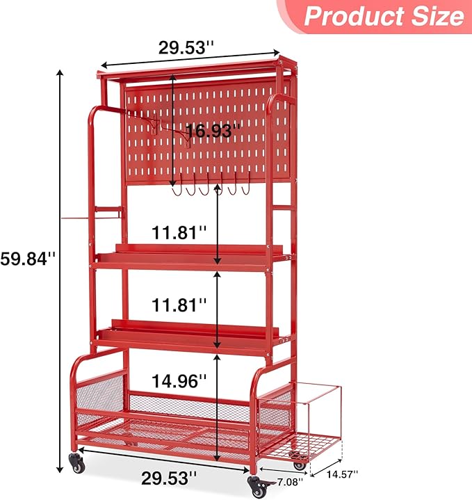 56'' Taller Home Gym Storage Organizer, Yoga Mat Storage Rack with Hanging Board, Exercise Workout Equipment Storage Stand for Home Gym, Dumbbell Holder Kettlebell Rack with Wheels and Hooks