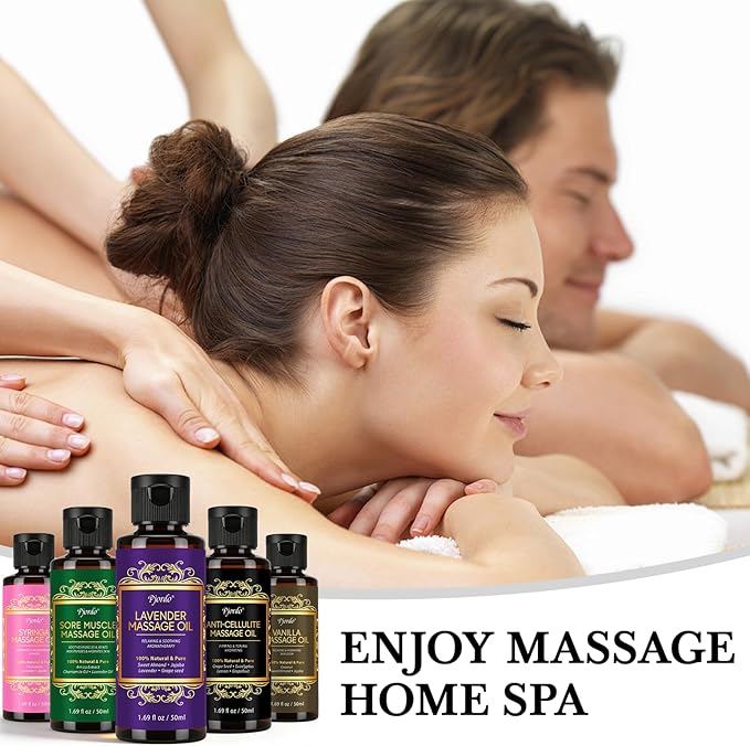 5 Pack Massage Oil for Massage Therapy, Lavender, Vanilla, Sore Muscle, Syringa & Anti Cellulite Massage Oil Kit for Relaxing Muscle & Soothing The Body, Home Spa Gifts for Her Him