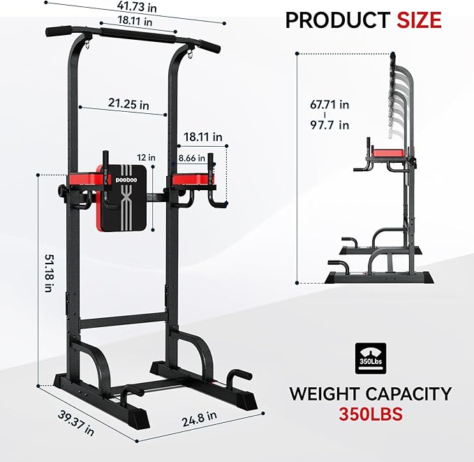 Pooboo Power Tower Dip Station Pull Up Bar for Fitness Home Gym Workout,Multi-Function Adjustable Height Fitness Strength Training Exercise Equipment (Black)