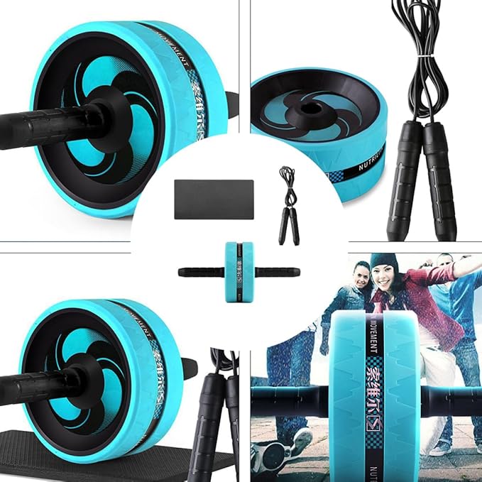 VOSAREA Ab Roller Wheel Fitness Exercise Wheel Set with Knee Pad and Jump Rope, Quiet Abdominal Roller for Core Strength Training, Blue and Black, Home Gym Calisthenics Equipment