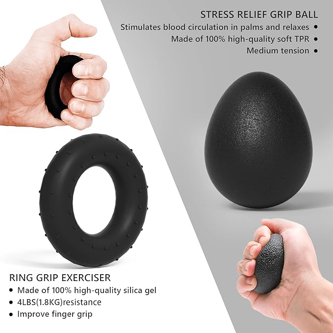 Hand Grip Strengthener Kit - Ultimate Hand Exerciser Set for Forearm Workout, Adjustable Grip Strength Trainer, Stress Relief Ball, Exercise Ring, Training and Recovery (Frosted Black)