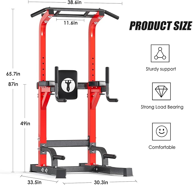 soges Pull Up Bar Dip Station, Power Tower with A Backrest, Adjustable Height Pull Up Bar Stand, Multi-Function Home Gym Strength Training,Red