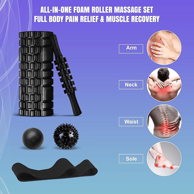 6 in 1 Foam Roller Set with High Density Massage Ball, Yoga Stick, Stretching Strap, Spiky Ball, Bag - Deep Tissue Trigger Point Massage Tool Workout Set - Back Stretcher Muscle Massager for Home