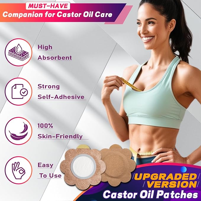 Castor Oil Pack Wrap Patch - Organic Cotton Castor Oil Belly Button Patch, Disposable Self-Adhesive Abdominal Pads, Portable Anti Leakage High Absorbent Patch for Multi-Area Use 50Pcs