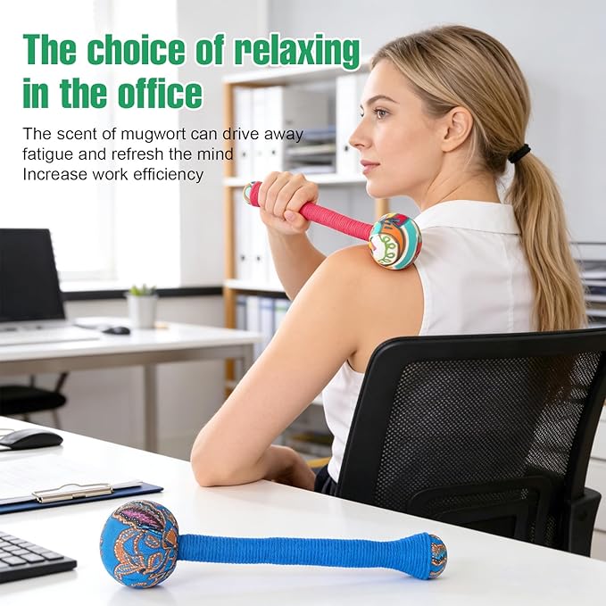 2PCS Herbal Wormwood Lymphatic Drainage Anti Slip Manual Massage Hammer Longer Handle Back Massager for Shoulder, Neck & Muscle Pain Relief (Rose Red/Dark Blue)