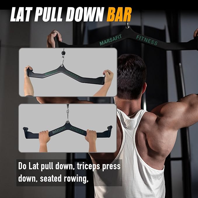 Home Gym Fitness Rowing T-bar V-bar Pulley Cable Machine Attachment, Bicep Curl Tricep LAT pulldown Bar Back Strength Training Handle Grips LAT Pull Down Bar for Seat Row Workout