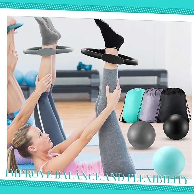 Poen Pilates Equipment Kit for Home Workout Pilates Ring and Ball Set for Women 12'' Circle Yoga Fitness Essentials Kit with Resistance Bands, Yoga Strap, Socks,Bag