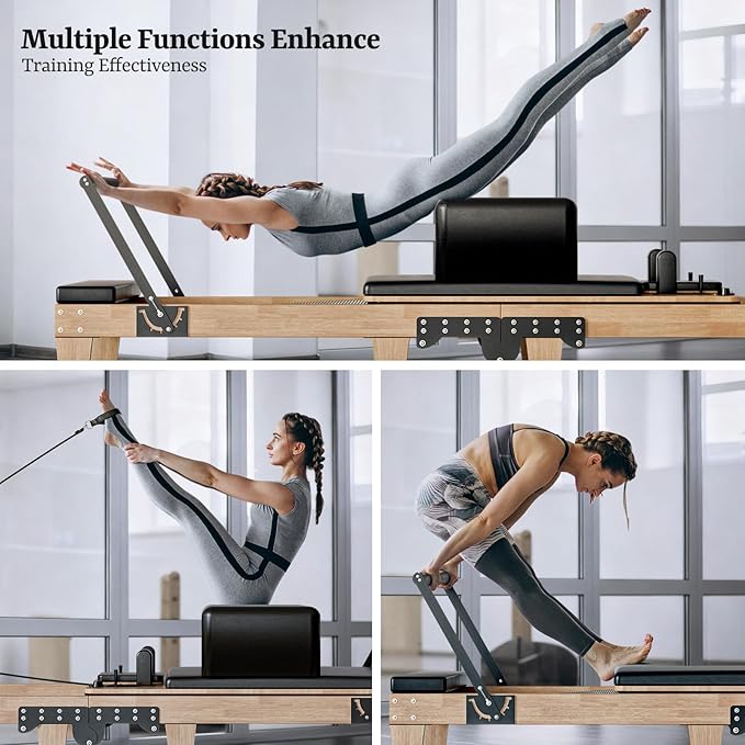Pilates Reformer 92" Wooden Foldable Reformer Pilates Machine with Springs Pilates Equipment with Jump Board Box 6 Springs for Home Workouts Gym for All Level Users Up to 500 LBS