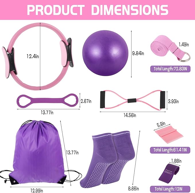 21 Pcs Pilates Ring Circle Set for Women, Includes 9.8 in Ball Yoga, Ring Stretching, Strap Bands, Non Slip Socks, Back Bags for Workout, Commonly Used for Yoga, Pilates, Stretching, Fitness