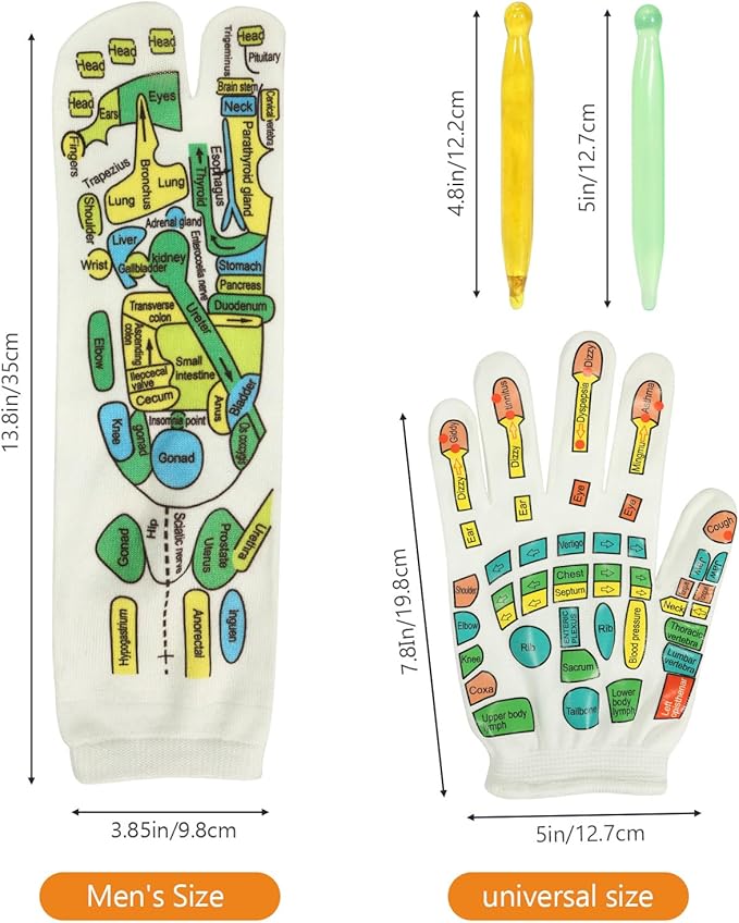 Reflexology Socks and Gloves for Hand Foot Massage, with 2 Acupressure Pens, Men's Size - Soothing and Relaxing Therapy, Pain Relief, Improve Circulation- Health and Personal Care