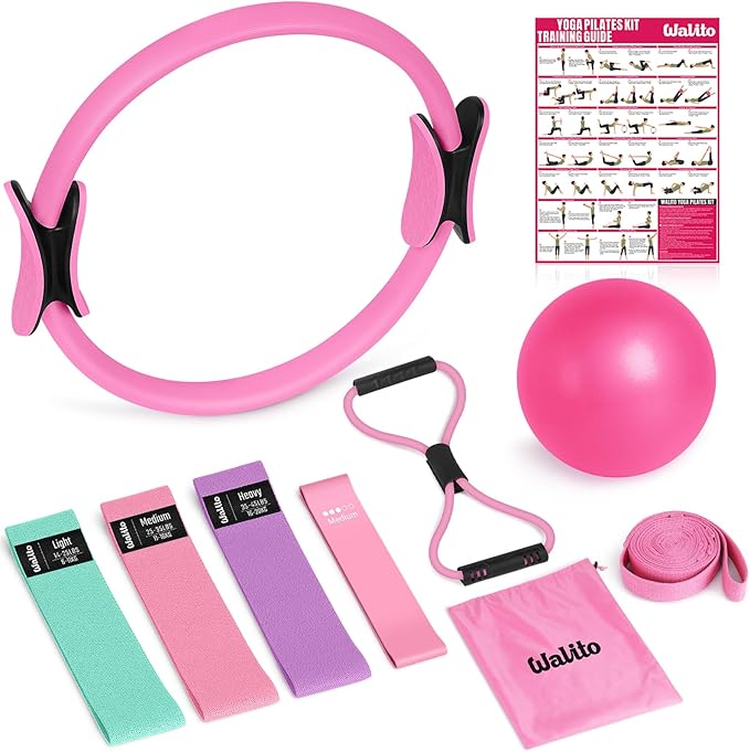 WALITO Home Pilates Kit for Women,Pilates Ring Set with Magic Circle,Resistance Bands,Figure 8 Workout Bands,Mini Ball, Compact Toning Fitness Essentials Starter Set Accessories Gift