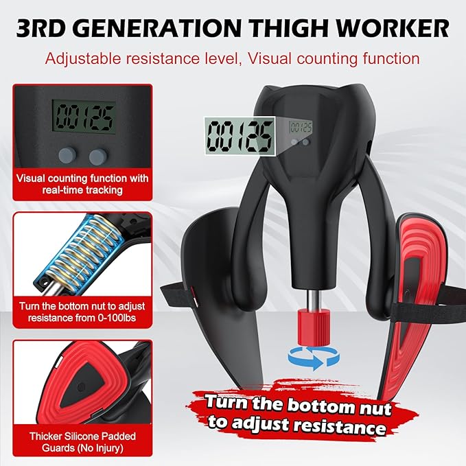 3rd Gen Thigh 0-100 lbs Adjustable Resistance Inner Leg Exercisers with Leg Straps Band Pelvic Floor Kegel Hip Exercise Workout Equipment Pilates Women Men