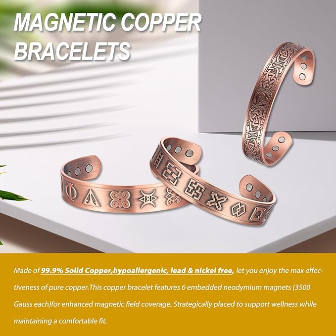 Copper Bracelet for Men 99.9% Pure Copper Magnetic Bangle with 6pcs 3500 Gauss Magnets, Copper Magnetic Bracelet for Men Copper Bracelets Jewelry Gift Gifts for Men Dad