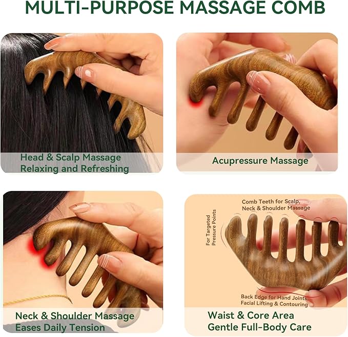 Natural Green Sandalwood Multi-Point Gua Sha Tool – Handheld Wooden Face, Scalp & Body Massage Tool, Trigger Point & Relaxation Accessory for Neck, Back & Legs, Gift-Ready Self-Care Tool