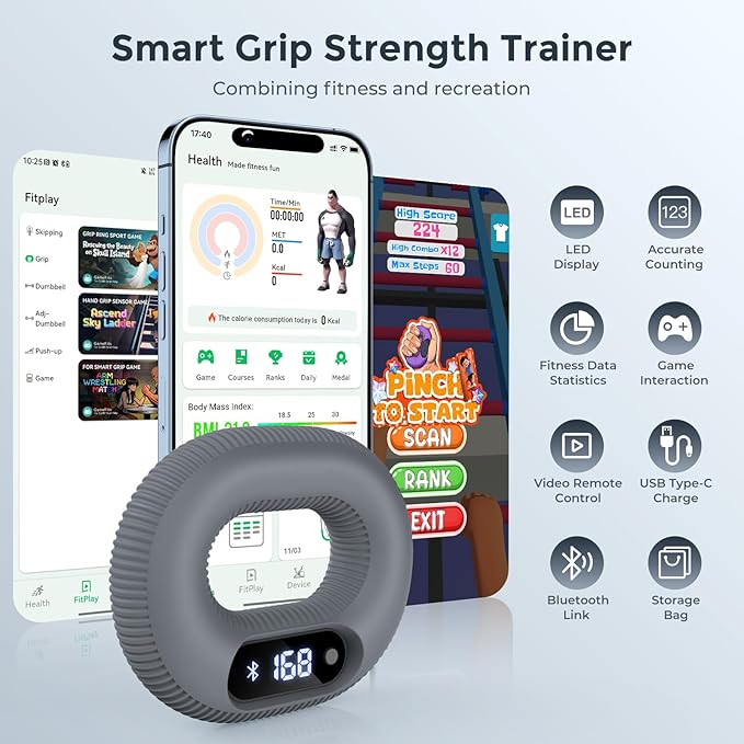Smart Grip Strength Trainer with Bluetooth APP - Squeeze to Play Games & Scroll TikTok Hands-Free, Soft Silicone, Portable Hand Exercise for Strength, Stress Relief & Rehab