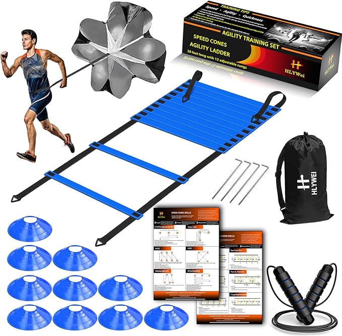 Speed Agility Training Set, Includes 1 Agility Ladder, 4 Steel Stakes, 1 Sports Headband,1 Jump Rope, 10 Disc Cones and Gym Carry Bag - Speed Training Equipment for Soccer Football Basketball