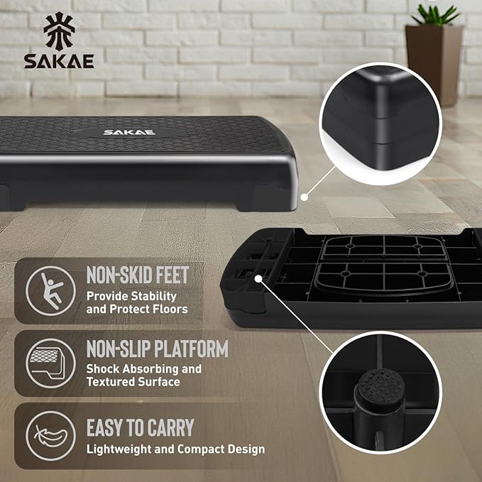 SAKAE Step Aerobics Platform Set with Dumbbells & Measuring Tape, Aerobic Steppers for Exercise at Home, Adjustable Height 2 Level Risers Workout Step Trainer with Non-Slip Surface, Multiple Colors