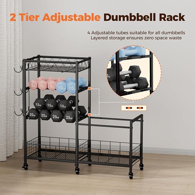 HavenlyYouth Dumbbell Rack, Home Gym Weight Rack Storage, Adjustable Dumbbell Stand Organizer with Wheels, Holds Dumbbells, Kettlebells, Yoga Mats