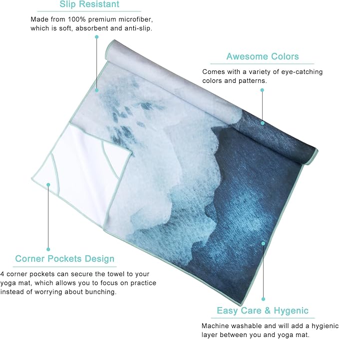 QiyI Yoga Mat Towel with Corner Pockets, Non Slip Sweat Absorbent Hot Yoga Towels, Soft Yoga Blankets with Travel Bag, Skidless Mat Cover for Workout, Gym, Fitness - 70"x26", Watercolor Mountain