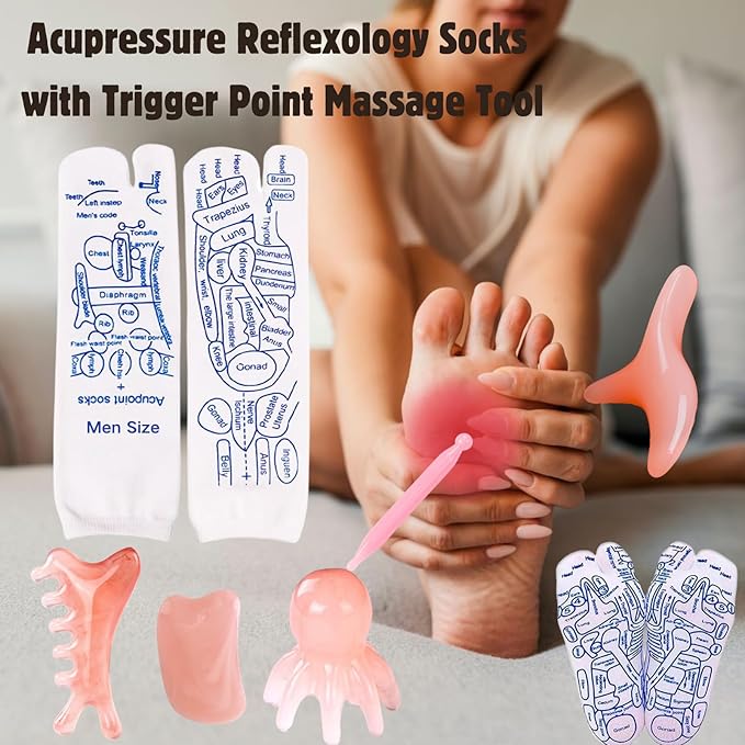 Reflexology Socks with Gloves Tools Set, 2 Pairs Foot Massage Socks for Men Women, Reflexology Socks with 5pc Tools, Socks with Trigger Point, Acupressure Massage Socks for Women and Men