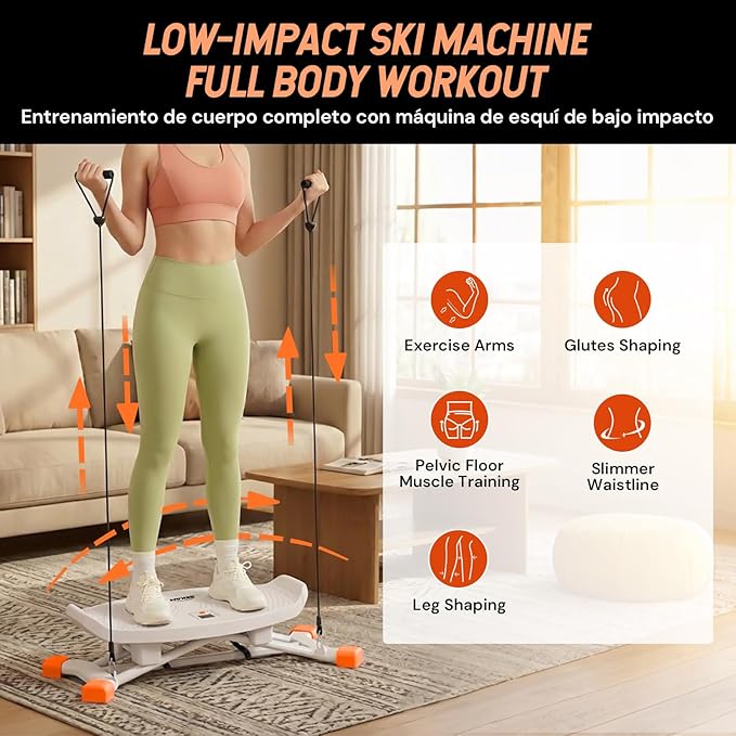 SEKAM Ski Machine Trainer, Indoor Ski Simulator with Resistance Bands & Balance Board - Low Impact Stepper Exercise Equipment for Home Gym Full Body Workout, 300LBS Capacity (Orange)