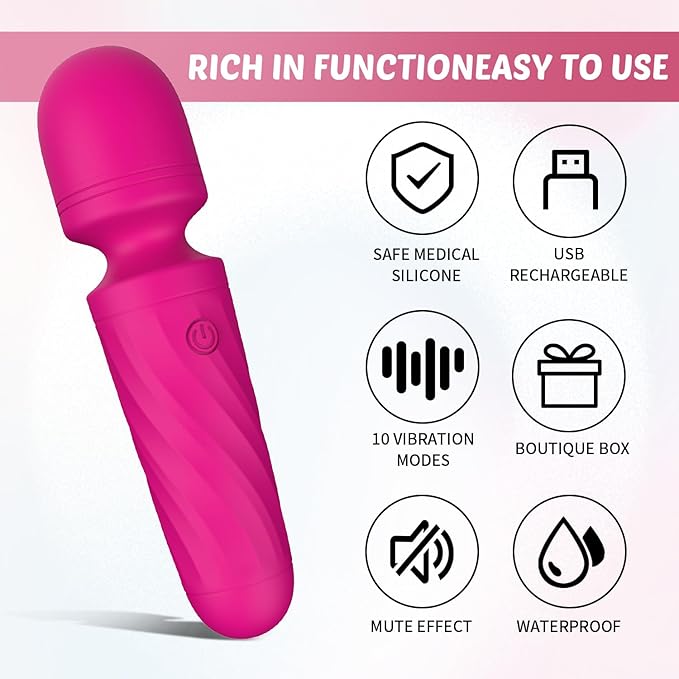 Handheld Personal Mini Massager Tool– Waterproof, USB Rechargeable, 10 Vibration - Perfect on Back Legs Hand Pains and Sports Recovery(Rose red)