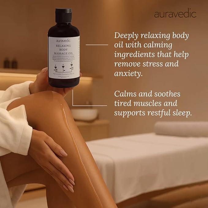 Auravedic Relaxing Body Massage Oil | Infused with Lavender, Eucalyptus & Mint | Non Greasy Body Oil for Massage Therapy, Aromatherapy, Sore Muscles & Date Night | 6.76 Fl Oz (200ml)