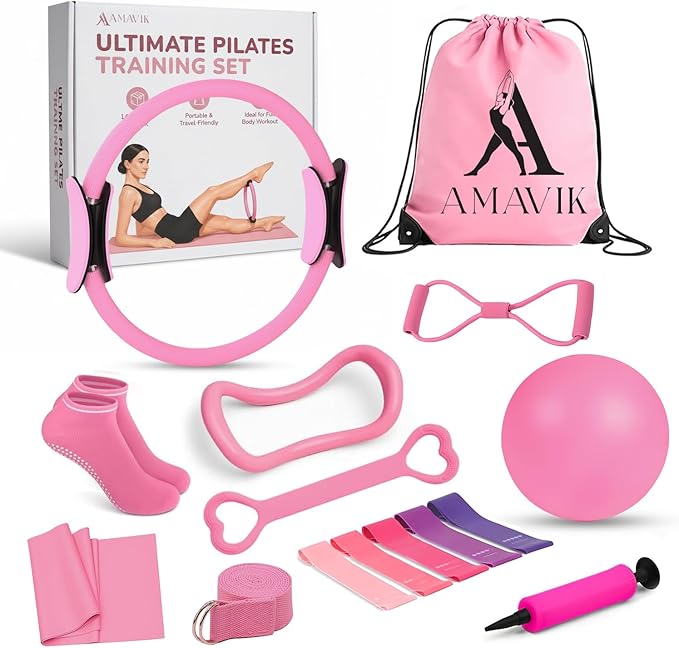 AMAVIK Pilates Kit 15-Pieces Home Workout Set with 5 Resistance Bands, Pilates Ring and Ball Set with Accessories-A Complete Pilates Set for Women to Improve Strength, Flexibility and Balance Body