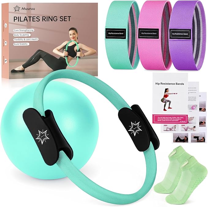 Pilates Essentials Kit for Home Women, Ring and Ball Set, Pilates Equipment for Workouts, 3 Resistance Bands, Grip Socks, 14 Inch Magic Circle, Mini Exercise Ball, Great Exercise Equipment