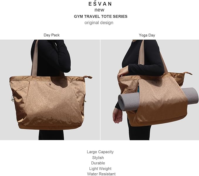ESVAN Yoga Tote Bag for Women Shoulder Bags Drawstring for Office Workout Travel Carryall Pilates Gym and Beach