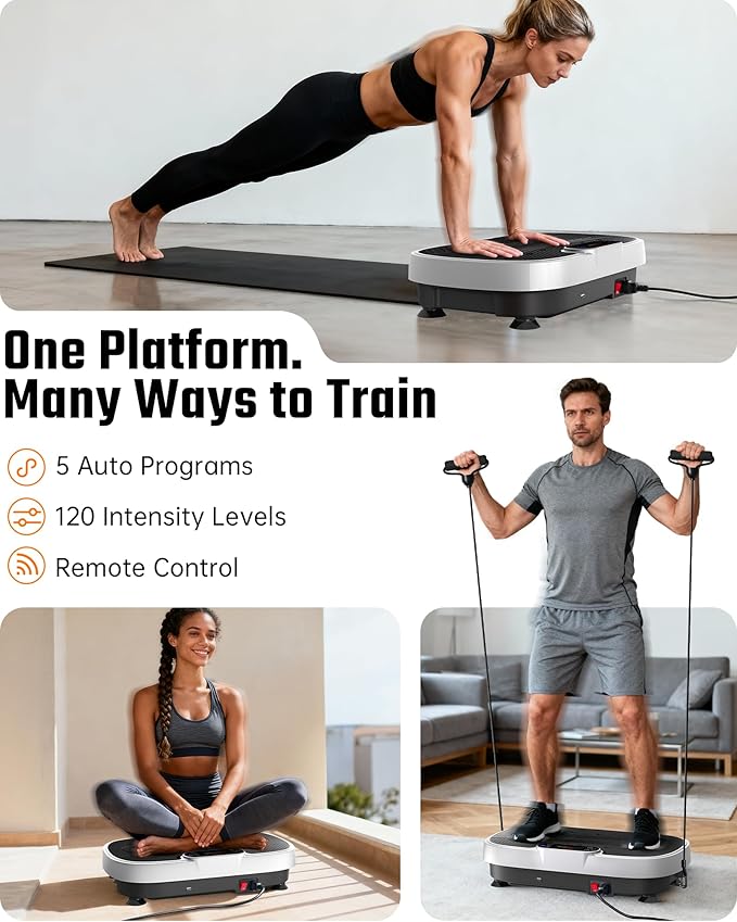 Vibration Plate Exercise Platform with Loop Bands + Renoj SnapShift 40oz Insulated Stainless Steel Tumbler (White) – Full Body Workout & Recovery Set