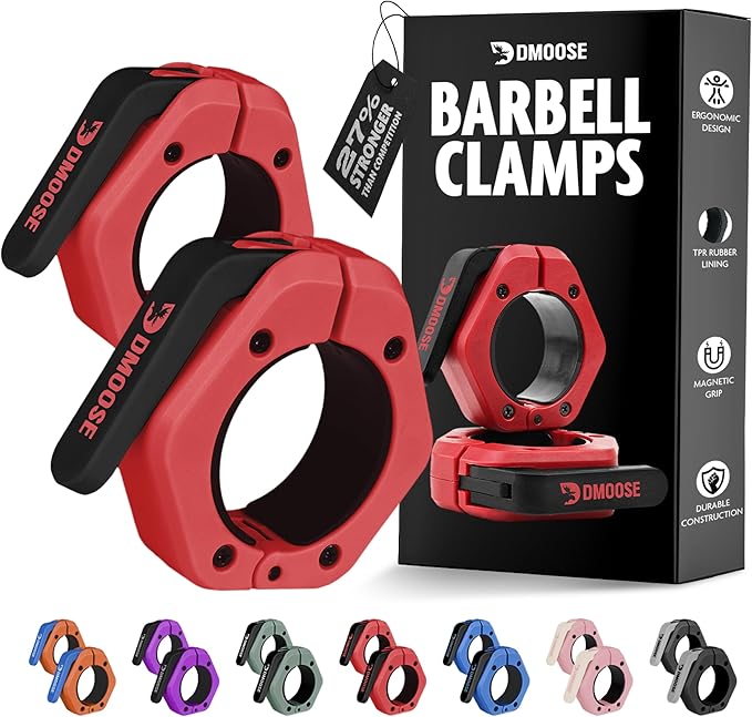 DMoose Fitness Barbell Clips 2 Inch (Pair) - Quick Release Olympic Barbell Clamps & Collars with Anti Slip TPR Grip for Secure Weightlifting and Powerlifting - Weight Clips for Bars at Home or Gym