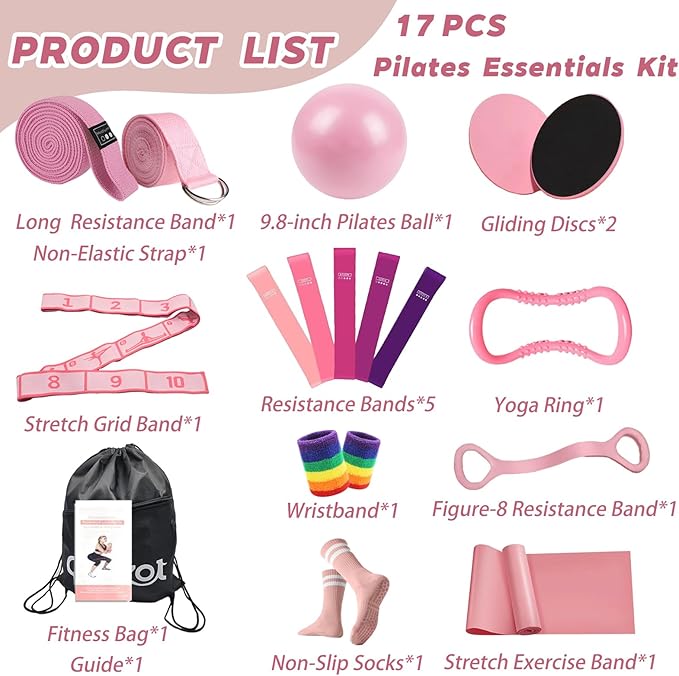 Pilates Essentials Kit for Women, Yoga Exercise Equipment Set for Home Workouts with Mini Ball, Resistance Bands, Sliding Disks & Accessories - Fitness Set for Yoga & Pilates Beginners