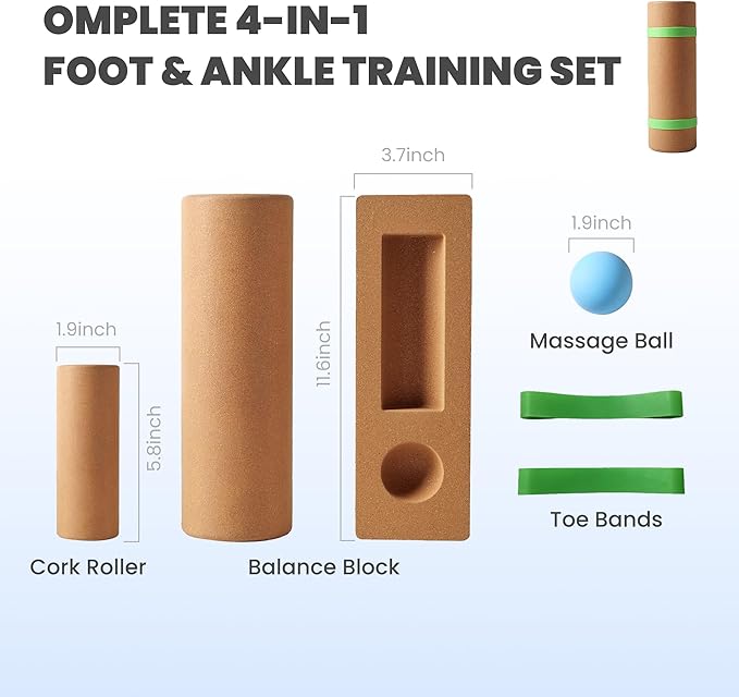 4-in-1 Cork Balance Board for Foot & Ankle Strength – Dual Half-Cylinder Trainer with Roller & Massage Ball – Non-Slip Natural Cork Stability Board for Mobility, Balance & Home Rehab Exercises