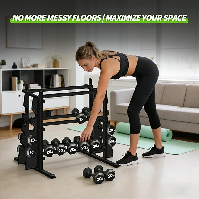 Heavy Duty Dumbbell Rack, Double-Side Extension Holder for Dumbbells & Kettlebells Home Gym Storage Rack