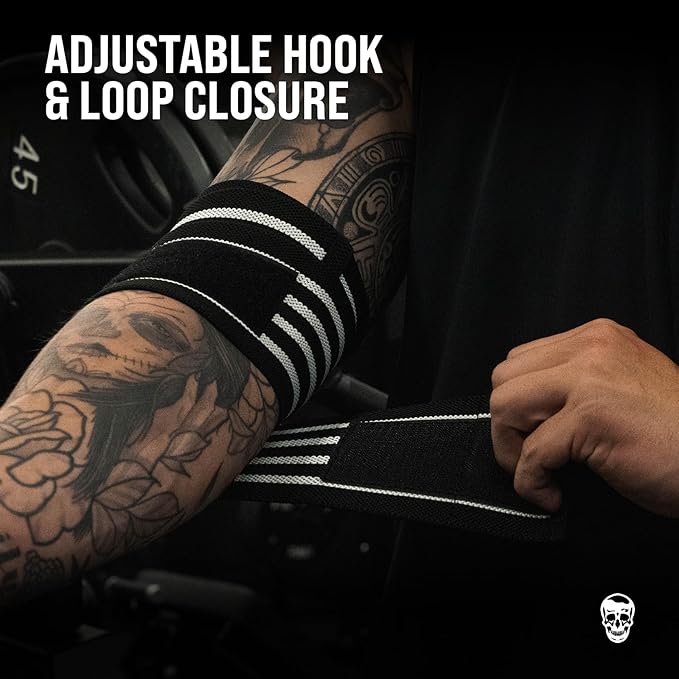 Gymreapers Weightlifting Elbow Wraps (1 Pair) - Flexible 40'' Elbow Compression Strap & Joint Support Brace - for Bench Press, Powerlifting, and Pressing