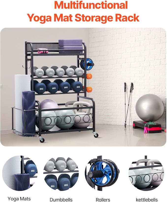 VEVOR Yoga Mat Storage Rack, Home Gym Workout Equipment Organizer, Powder Coated Finish Steel Yoga Mat Holder with Hooks & Wheels, Weight Rack for Dumbbell, Kettlebell, Foam Roller, and Yoga Strap