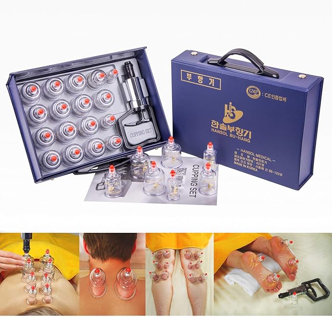 Hansol Cupping Therapy Equipment Set with Pumping Handle 17 Cups (Made in Korea)