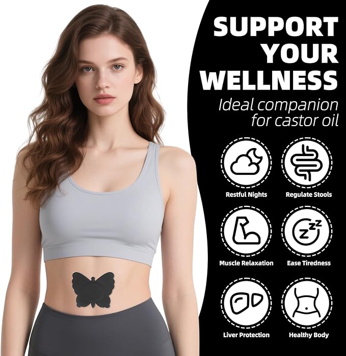 30Pcs Castor Oil Patch for Belly Button, Butterfly Shape Castor Oil Pack Belly Button Patches with Cotton Pad Built-in for Stomach Hand Self Adhesive